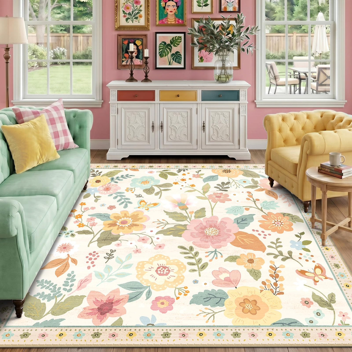 RELEANY Floral Washable 5x7 Area Rugs Black | Flower Carpet, Print, Boho, Non-Slip, Easy to Clean, Soft, Low Pile for Living Room Bedroom Kitchen Office Entryway Hallway