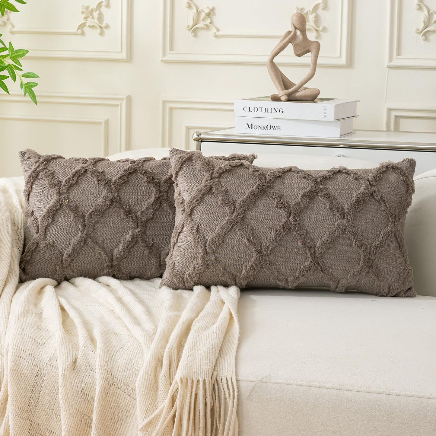 Set of 2 Soft Moroccan Throw Pillow Covers 18x18 Inch Plush Boho Decorative Pillow Cover Accent Cushion Case for Couch Sofa Bed, Beige