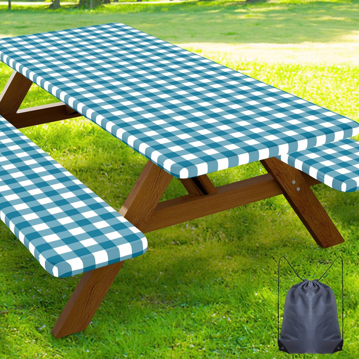 Smiry 6FT Picnic Table Cover with Bench Covers, Elastic Fitted Tablecloth | Waterproof Washable Rectangle Tablecloths ,Buffalo Plaid Tablecloth for Dining, Camping, Outdoor (Black & White, 30" x 72")
