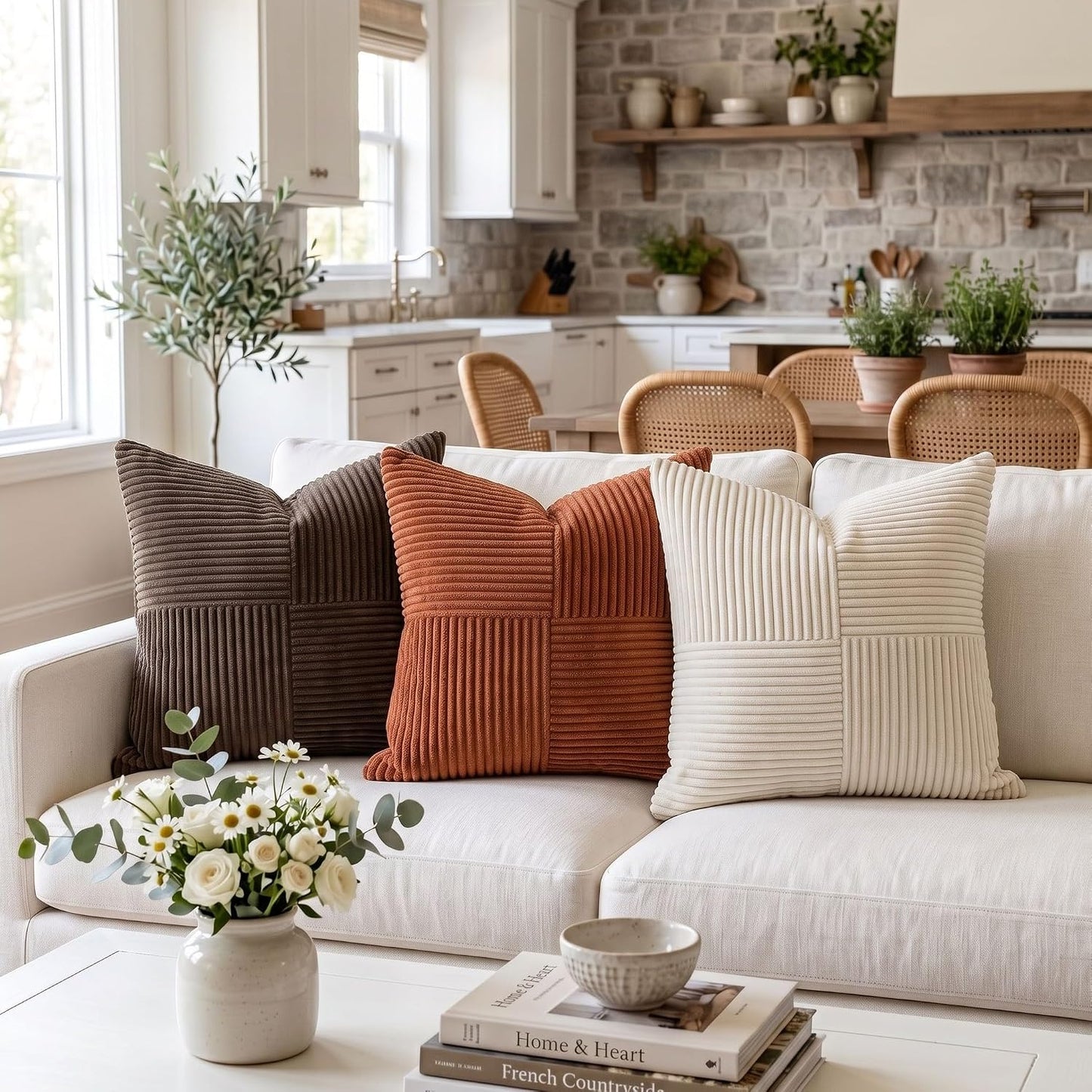 Fancy Homi 2 Packs Rust Boho Decorative Throw Pillow Covers 18x18 Inch for Couch Bed Sofa, Farmhouse Fall Home Decor, Soft Corss Corduroy Patchwork Textured Terracotta Accent Cushion Case 45x45 cm