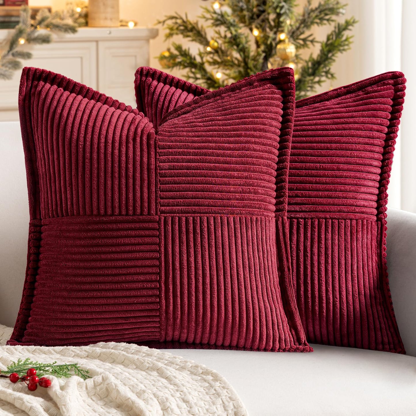 MIULEE Decorative Throw Pillow Covers for Couch 18x18 Inch Beige 2 Pack | Boho Broadside Striped Patchwork Pillow Covers, Soft Corduroy Cushion Cases, For Sofa Bed Livingroom Home Decor