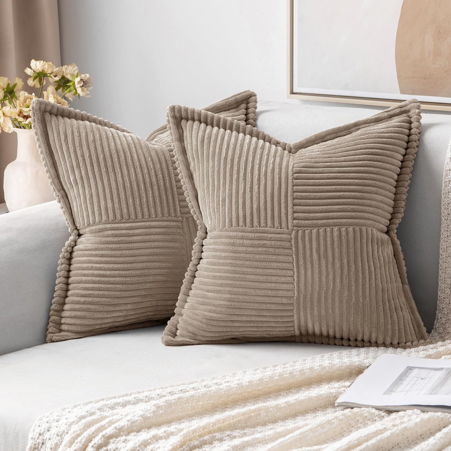 MIULEE Decorative Throw Pillow Covers for Couch 18x18 Inch Beige 2 Pack | Boho Broadside Striped Patchwork Pillow Covers, Soft Corduroy Cushion Cases, For Sofa Bed Livingroom Home Decor