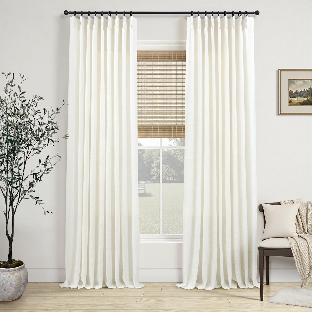 White Linen Pleated Curtains 84 Inches Long for Bedroom Back Tab Light Filtering Sheer Pinch Pleat Drapes Hook Ring Modern Farmhouse Coastal Cotton Textured Gauze Curtain Living Room 84 Length 2 Panel