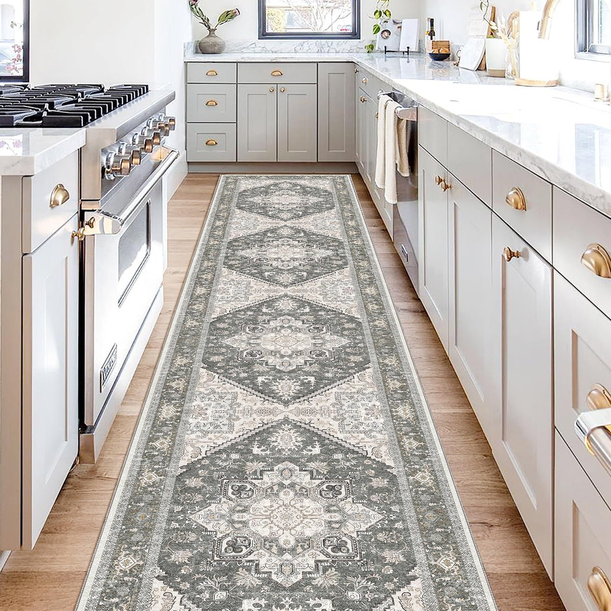 OPPODREAM Soft Area Rugs 5x7, Persian-Inspired Washable Rug, Blue & Gold | Low-Pile Faux Cashmere Surface, TPR Non-Slip Backing, 5 x 7 Carpet for Bedroom, Office, Dorm, Dining Room