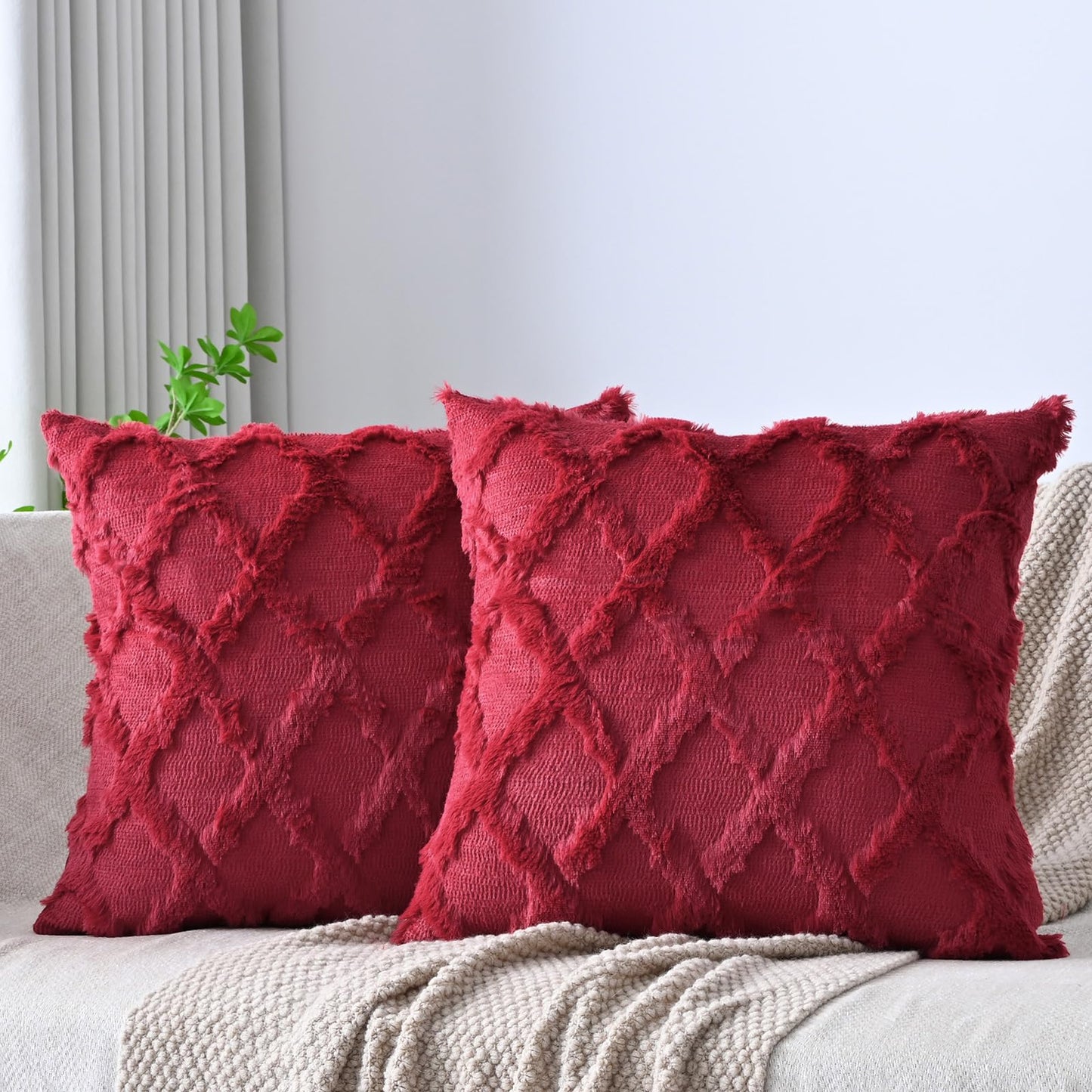 Set of 2 Soft Moroccan Throw Pillow Covers 18x18 Inch Plush Boho Decorative Pillow Cover Accent Cushion Case for Couch Sofa Bed, Beige