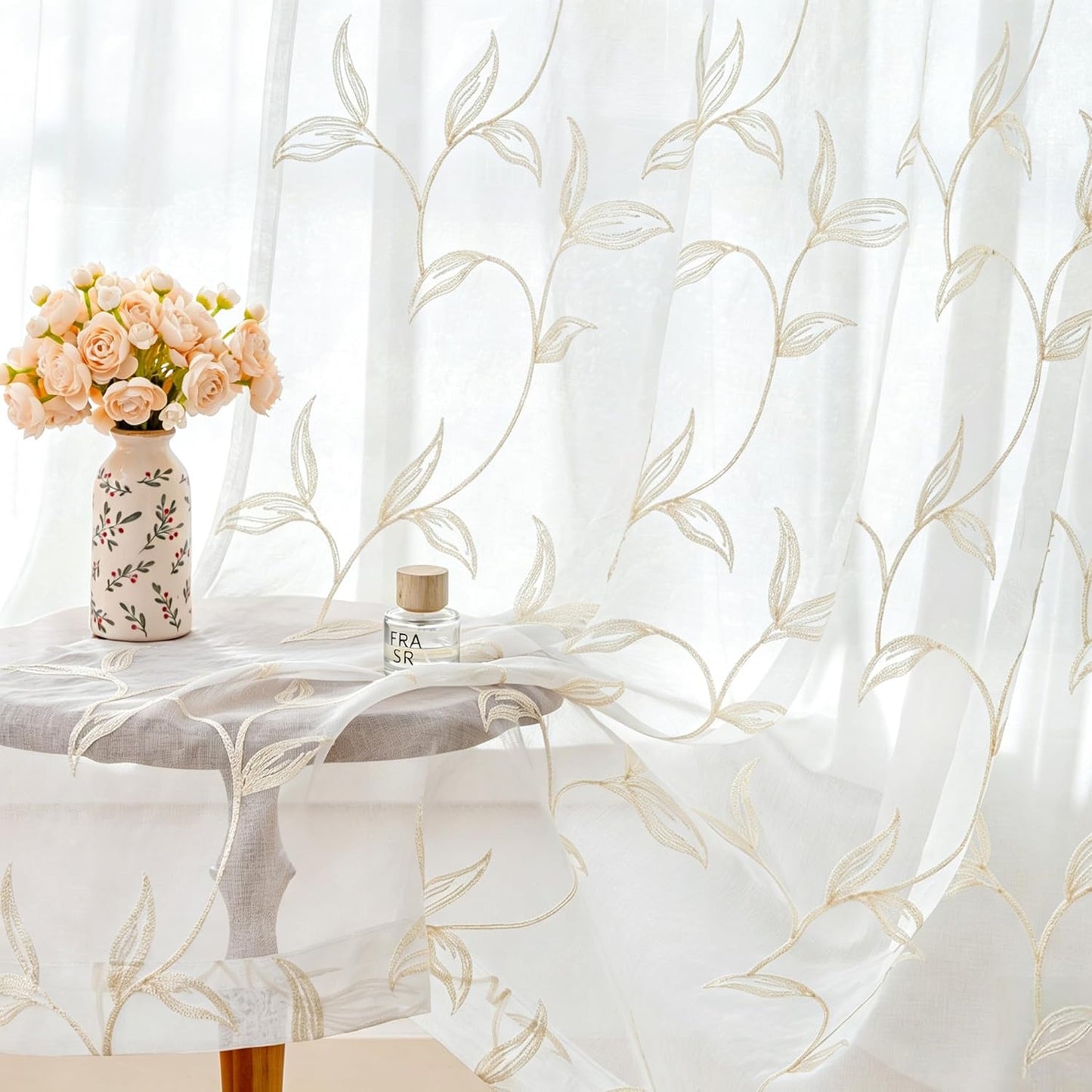Sheer Curtains Boho Leaf Floral Embroidered Cream Beige 54Wx84L | Light Filtering Semi Sheer Voile Curtains With Design, Rod Pocket Window Drapes for Bedroom Living Room 2 Panels