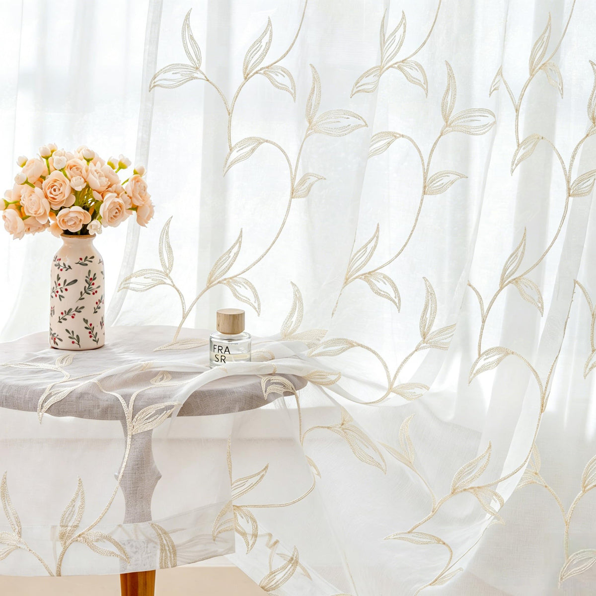 Sheer Curtains Boho Leaf Floral Embroidered Cream Beige 54Wx84L | Light Filtering Semi Sheer Voile Curtains With Design, Rod Pocket Window Drapes for Bedroom Living Room 2 Panels