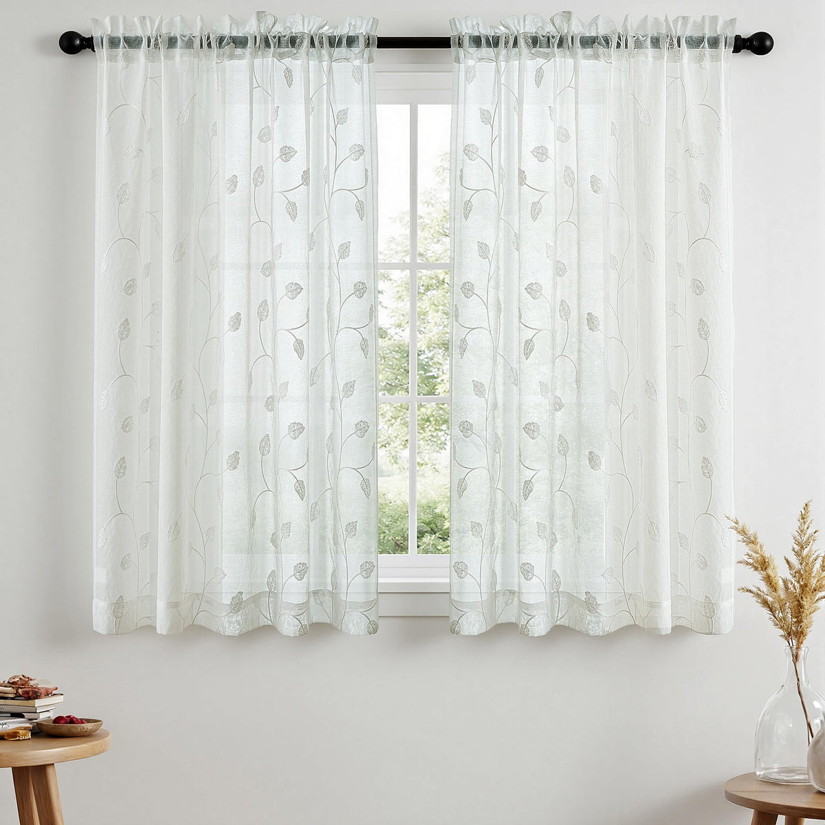 Sheer Curtains Boho Leaf Floral Embroidered Cream Beige 54Wx84L | Light Filtering Semi Sheer Voile Curtains With Design, Rod Pocket Window Drapes for Bedroom Living Room 2 Panels