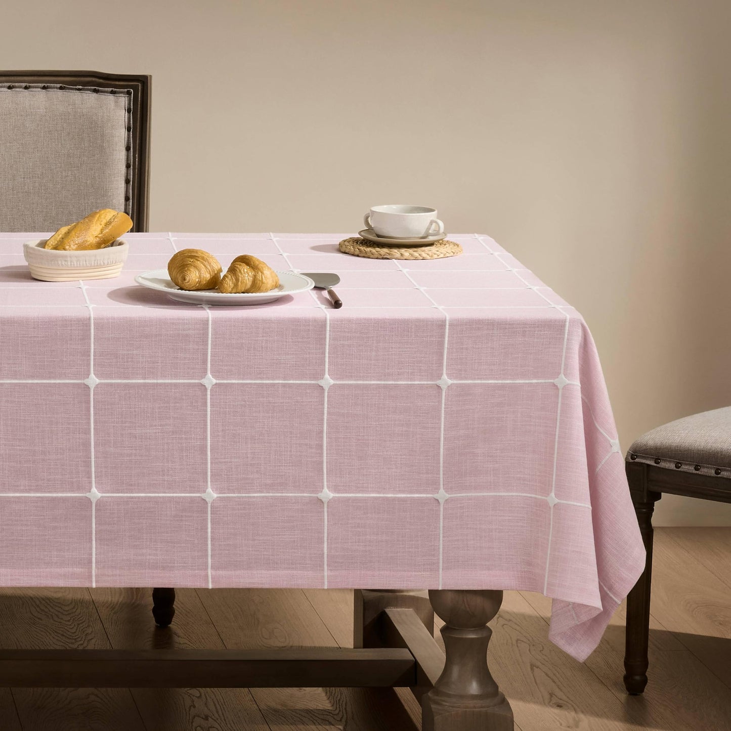 Grid Embroidered Rectangle Hemmed Tablecloths 60x120in, Blue | Heavy Weight Non-sheer Linen Fabric, Mitered Corner Finish, Water Resistant Farmhouse Table Cover, Boho Plaid Home Decor