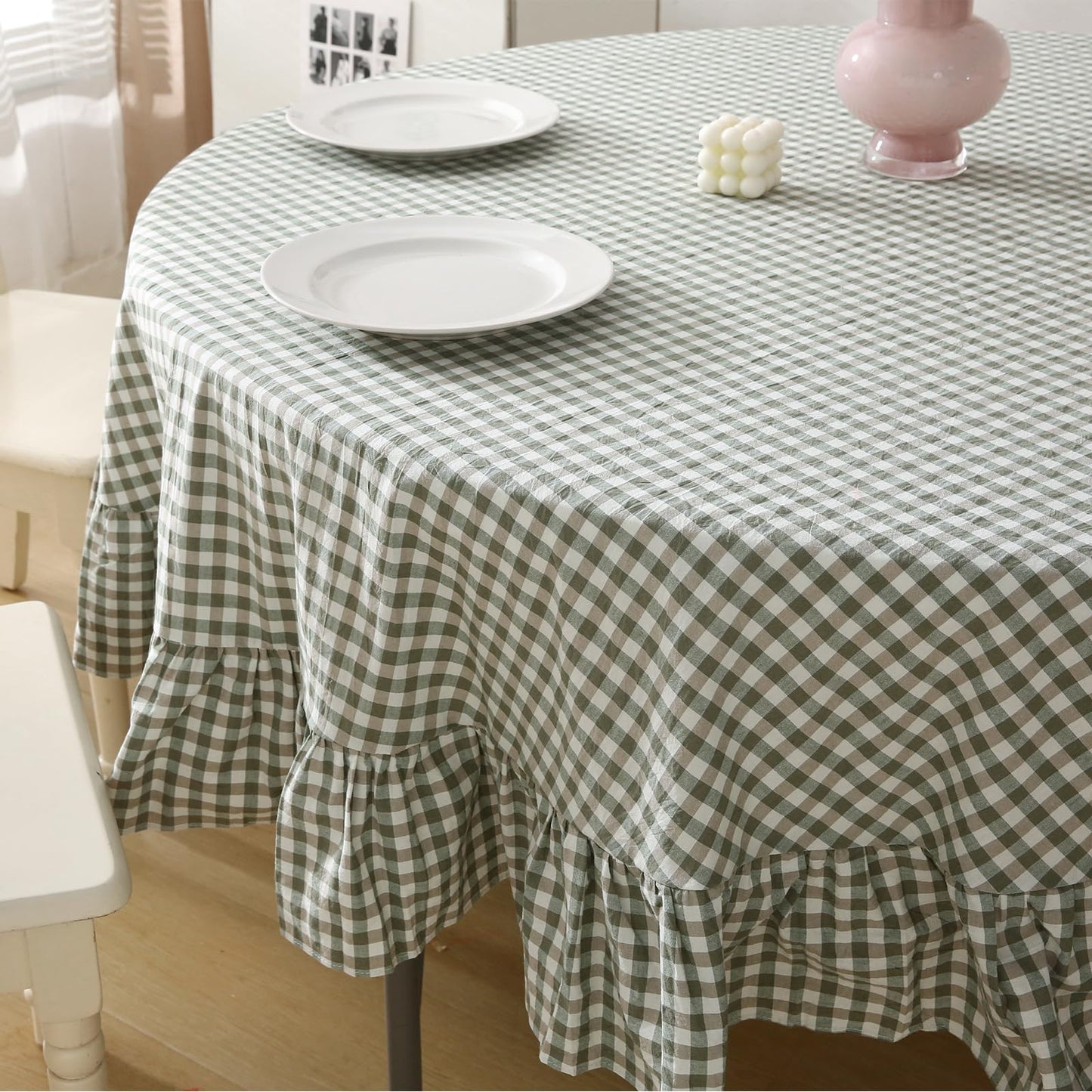 Blush White Gingham Ruffled Table Cloth Rectangular 120“x60” | 100% Washed Cotton, for Seat 8-10, Buffet Picnic Baby Shower Party Tablecloth, Decorative Checker Plaid Farmhouse Table Cover