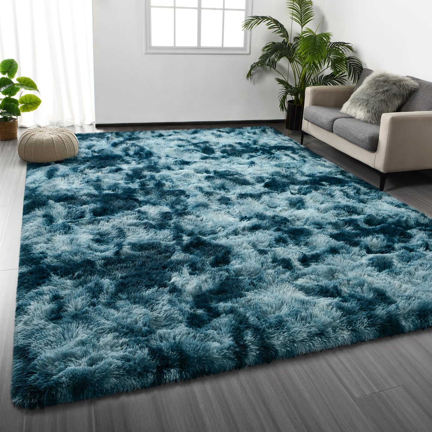 Deerhoo Large Shag Area Rugs 6 x 9, Light Grey | Tie-Dyed, Ultra Soft Plush Fuzzy,Washable, For Living Room, Bedroom, Indoor Carpet Nursery Kids Teen Home Decor