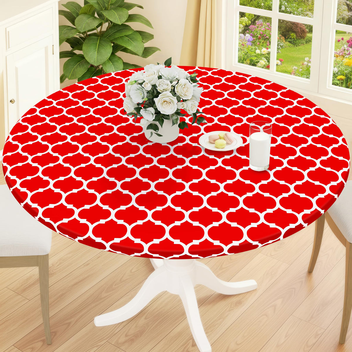 Smiry Round Picnic Tablecloth, Waterproof Elastic Fitted Table Covers for 45" - 56" Tables, Wipeable Flannel Backed Vinyl Tablecloths for Camping, Indoor, Outdoor, Grey & White