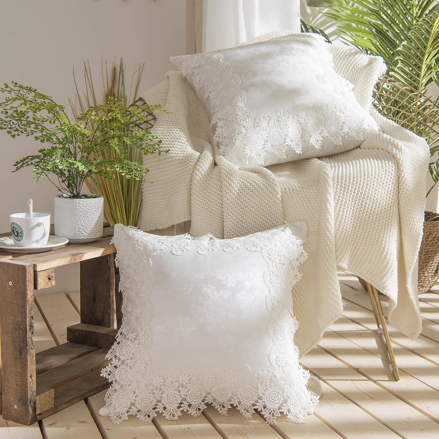 Pack of 2 Jacquard Embroidery Throw Pillow Covers Lace Ruffles 16"x16" | White Lace Ruffles Pillow Covers for Couch Sofa Home Bed
