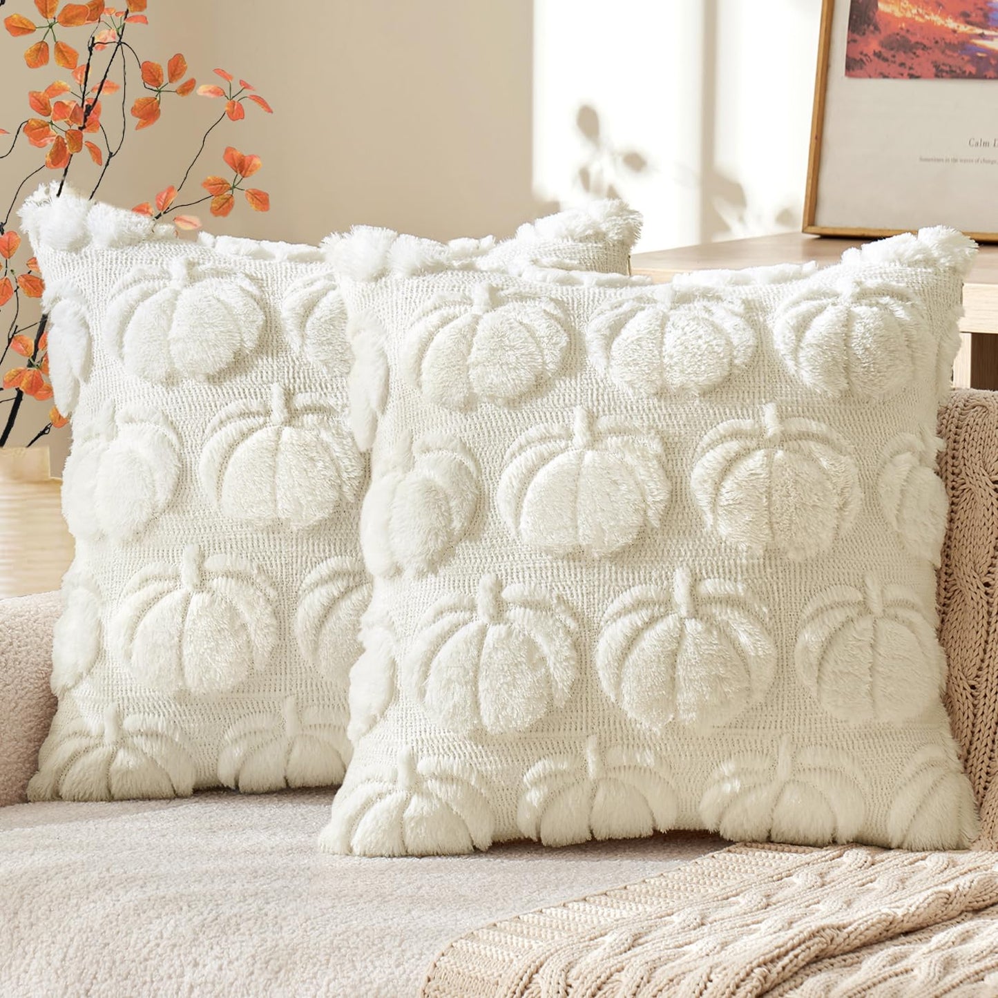 MIULEE Fall Pillow Covers Pumpkin Fall Decor 18x18 Dark Rust | Set of 2 Fall Decorations for Home, Plush Faux Fur Farmhouse Accent Pillowcases, Porch Sofa Couch Cushion Bed Livingroom