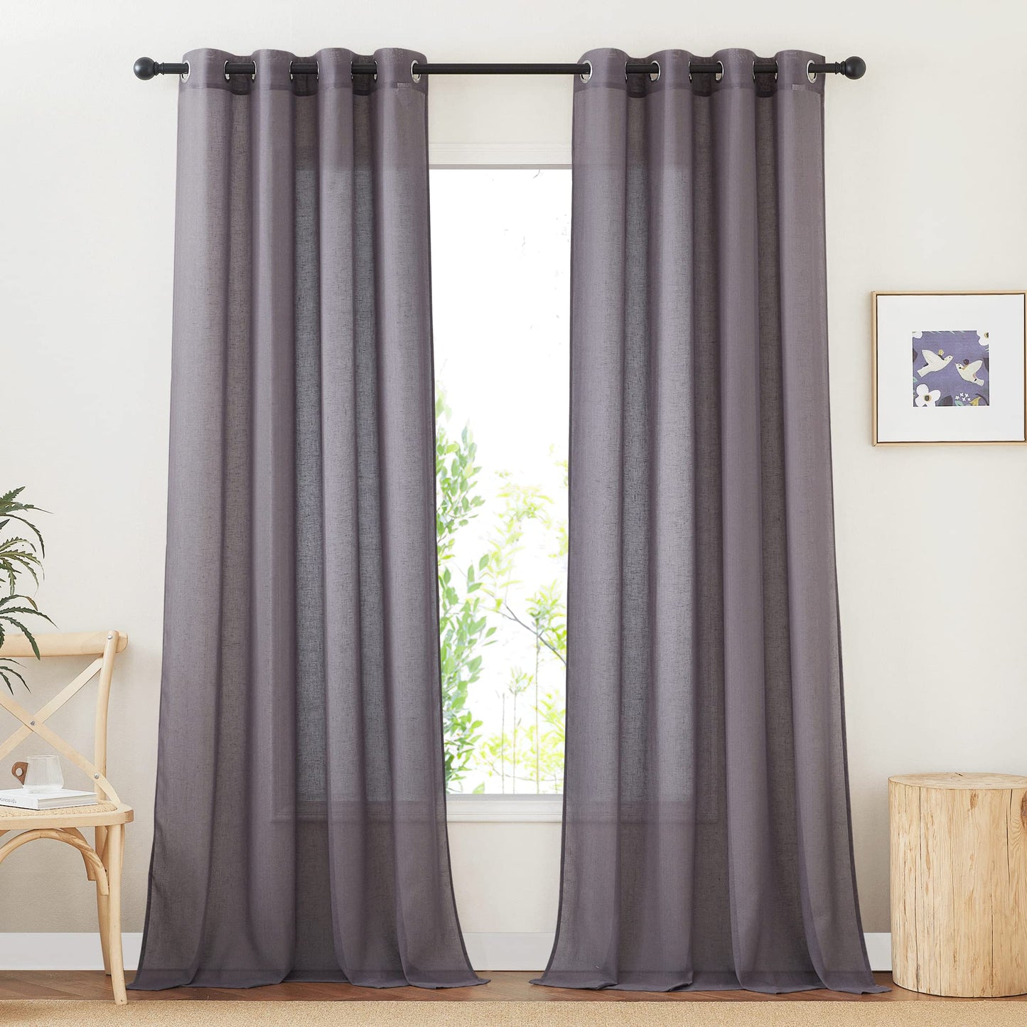 NICETOWN White Sheer Linen Curtains for Living Room 84 inch Length 2 Panels Set, Grommet Semi Sheer Privacy with Light Filtering Flax Window Treatments for Bedroom, W52 x L84