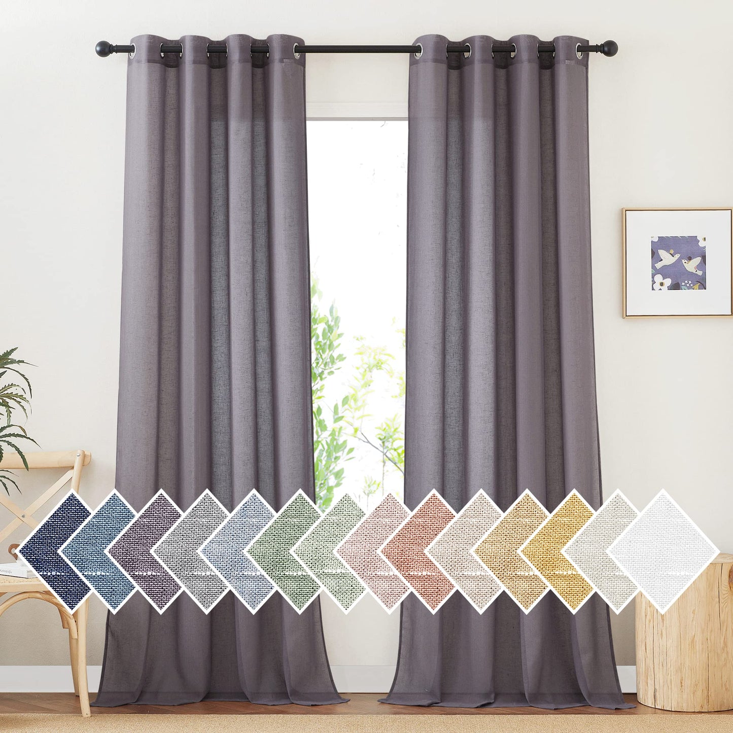 NICETOWN White Sheer Linen Curtains for Living Room 84 inch Length 2 Panels Set, Grommet Semi Sheer Privacy with Light Filtering Flax Window Treatments for Bedroom, W52 x L84