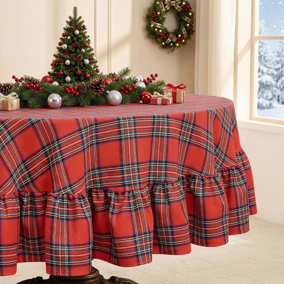 Romanstile Gingham Ruffled Tablecloth Rectangle, 60 x 84 Inch, Sage Green | Waterproof Checkered Table Cloth, Polyester-cotton, Farmhouse Plaid Table Cover for Outdoor, Picnic, Camping, Party