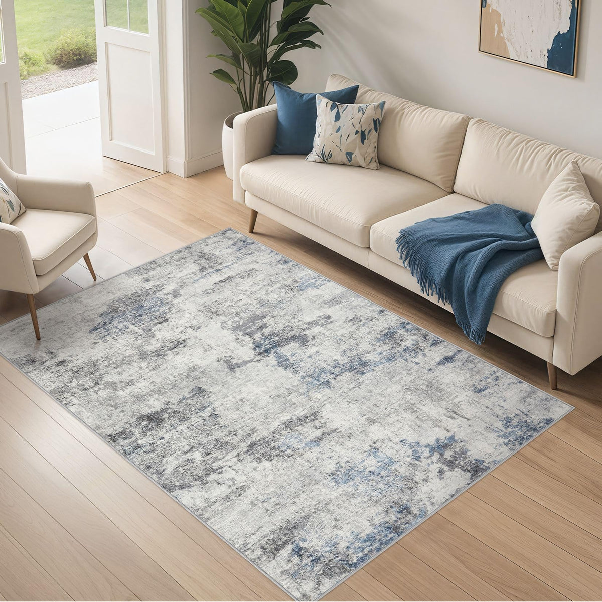 DMOYEST 8x10 Area Rug for Living Room Washable Abstract Indoor Carpet | Neutral Modern Low Pile Rugs Kid & Pet Friendly Large Soft Thin Carpet for Bedroom Dining Room - Grey Blue