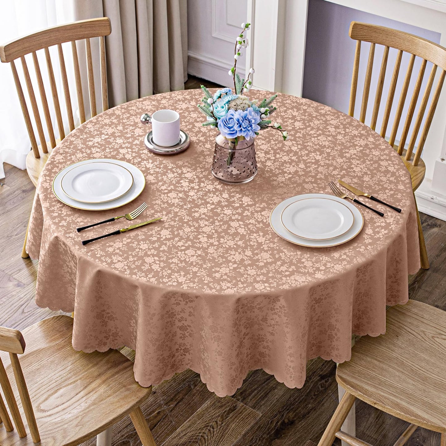 Smiry Rectangle Waterproof Heavy Duty Vinyl Tablecloths, 60 x 84 Inch | Wipeable Washable Floral Embossed Table Cover for Kitchen and Dining Room, Indoor & Outdoor Use, Beige
