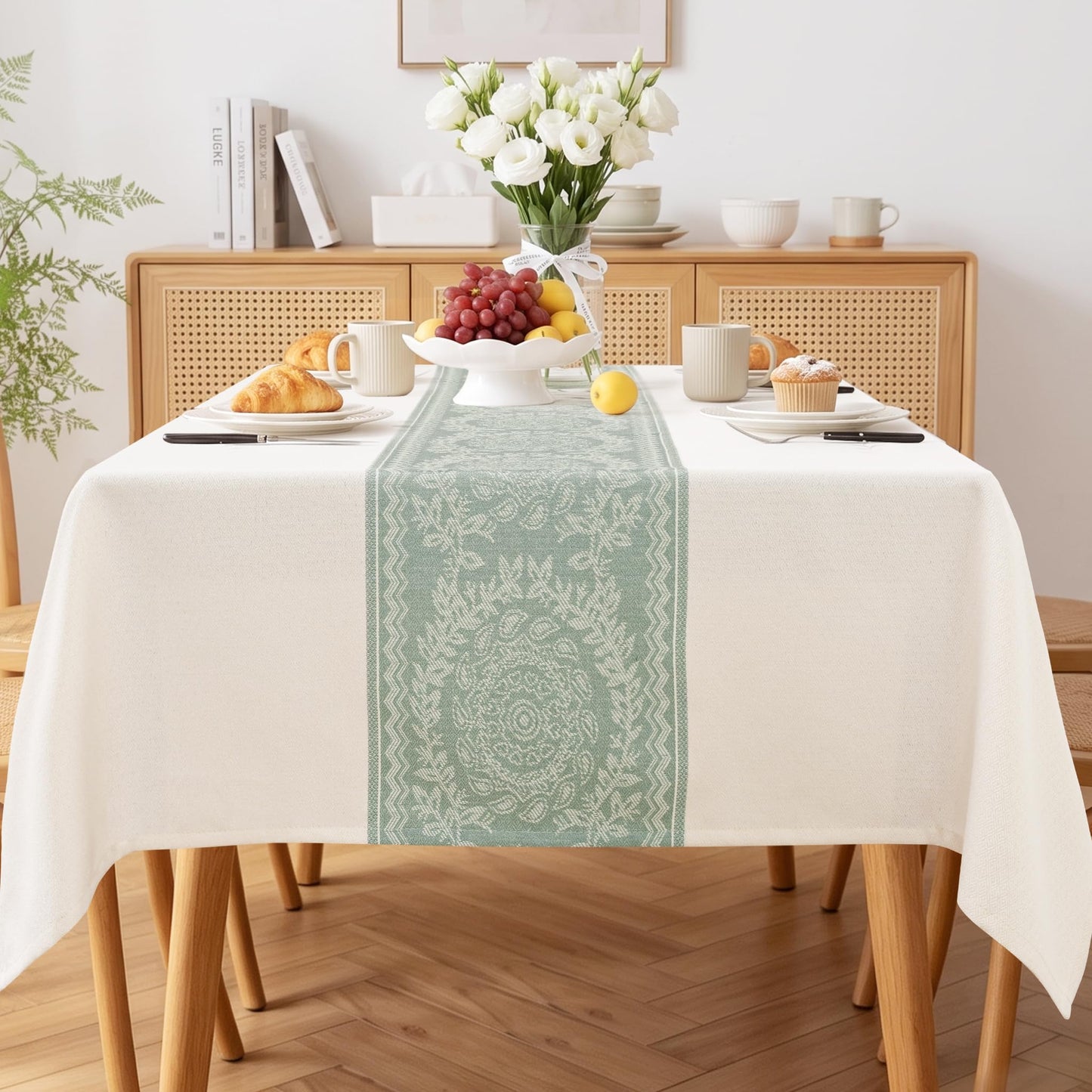 JIUZHEN Rectangle Table Cloth Faux Linen Farmhouse Tablecloth, Wrinkle and Stain Resistant Decorative Fabric Rectangular Spring Table Cover for Dining/Party/Birthday/Wedding, Beige, 54 x 80 Inch