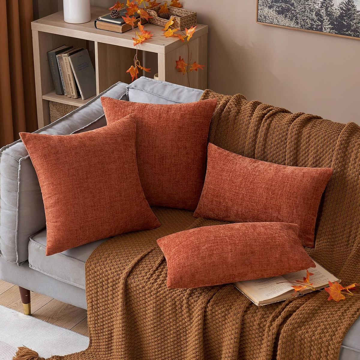 MIULEE Soft Chenille Fall Throw Pillow Covers Burnt Orange 18x18 Pack of 2 | Modern Fall Home Decor, Classic Decorative Pillows, Solid Dyed Cases, Boho Couch Cushion Covers for Sofa Bed Living Room