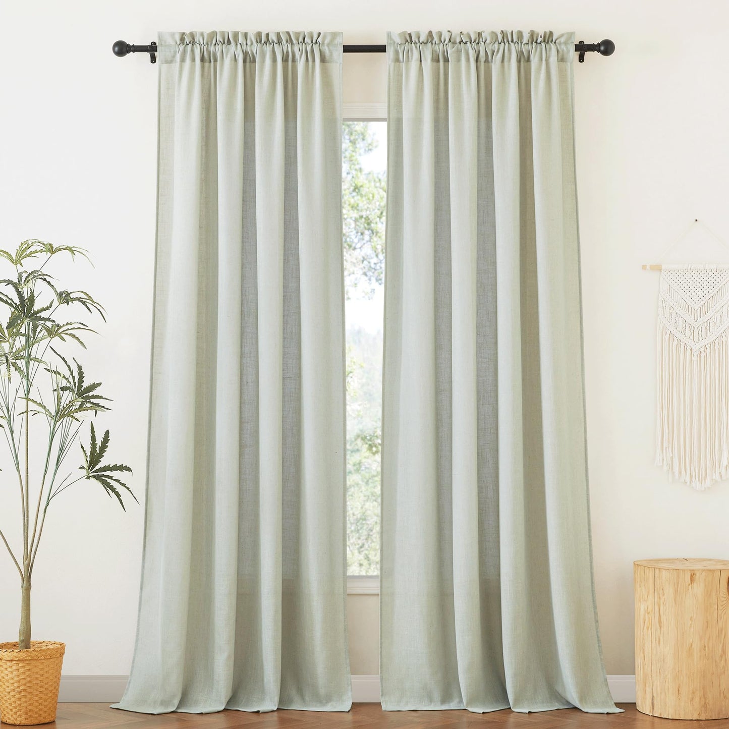 RYB HOME White Semi Sheer Curtains 84 inches Long for Living Room | Half Privacy, Linen Textured, Sheer Light Filtering, Vertical Window Drapes, for Bedroom Dining, White, W52 x L84, 2 Panels