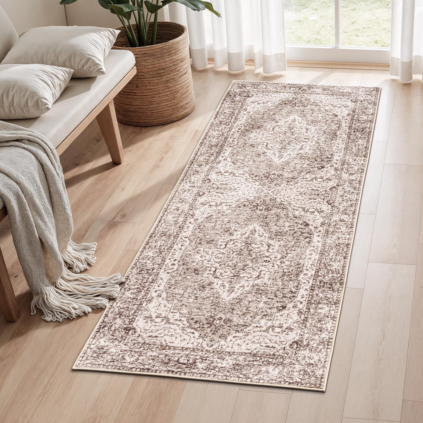 Lofus 5x7 Area Rugs for Living Room Bedroom, Soft Boho Carpet Floral Brown | High-Power Vacuuming, Non-Slip, Low Pile, Stain & Water Repellent, Soft, Skin-Friendly, for Kitchen Entryway Office