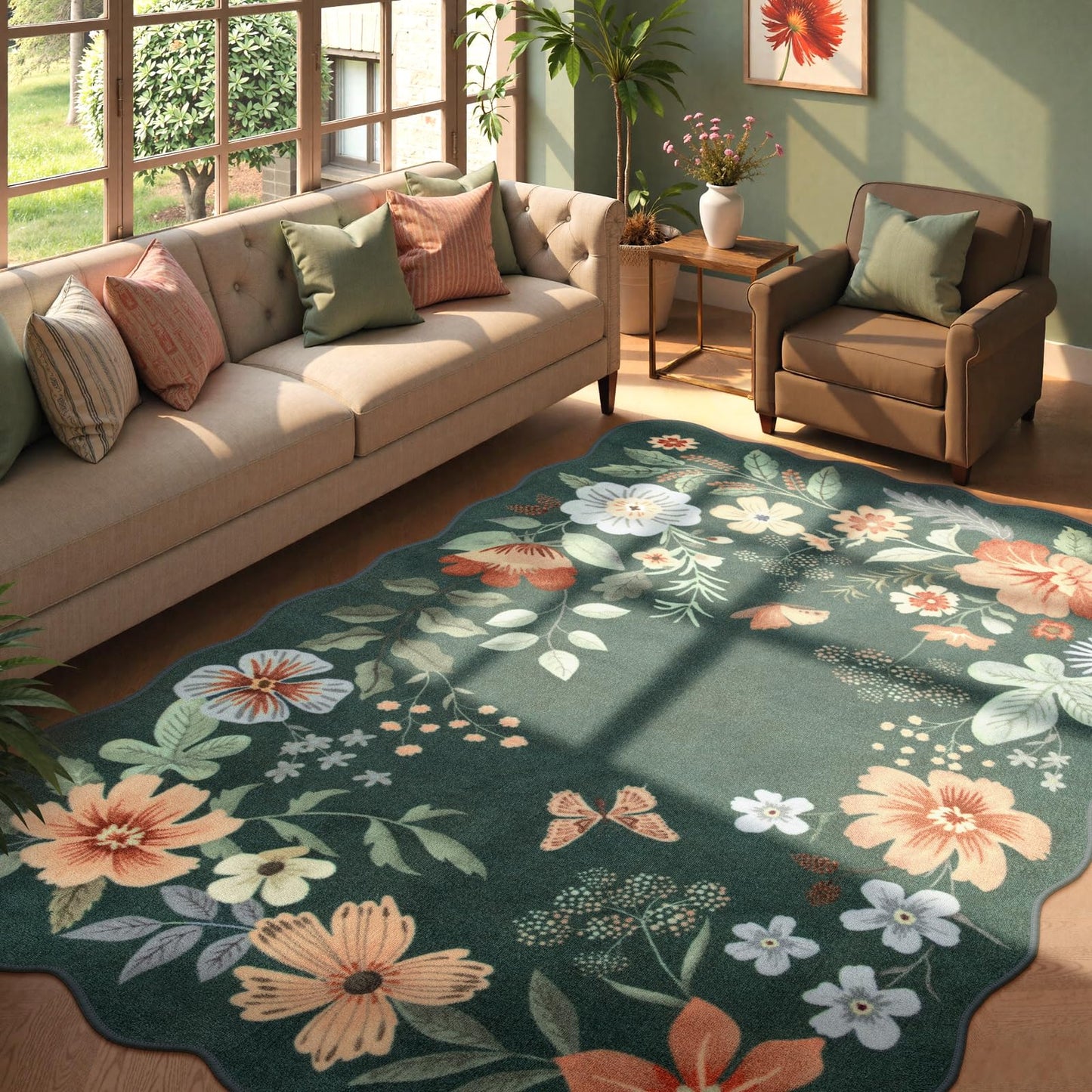 Lahome Floral Rugs for Living Room, 5x7 Area Rugs Ultra-Thin Soft Washable Rug, Non-Slip Bedroom Rug Stain Resistant Boho Flore Carpet for ‎Dining Room Office (5x7ft,Black/Grey)
