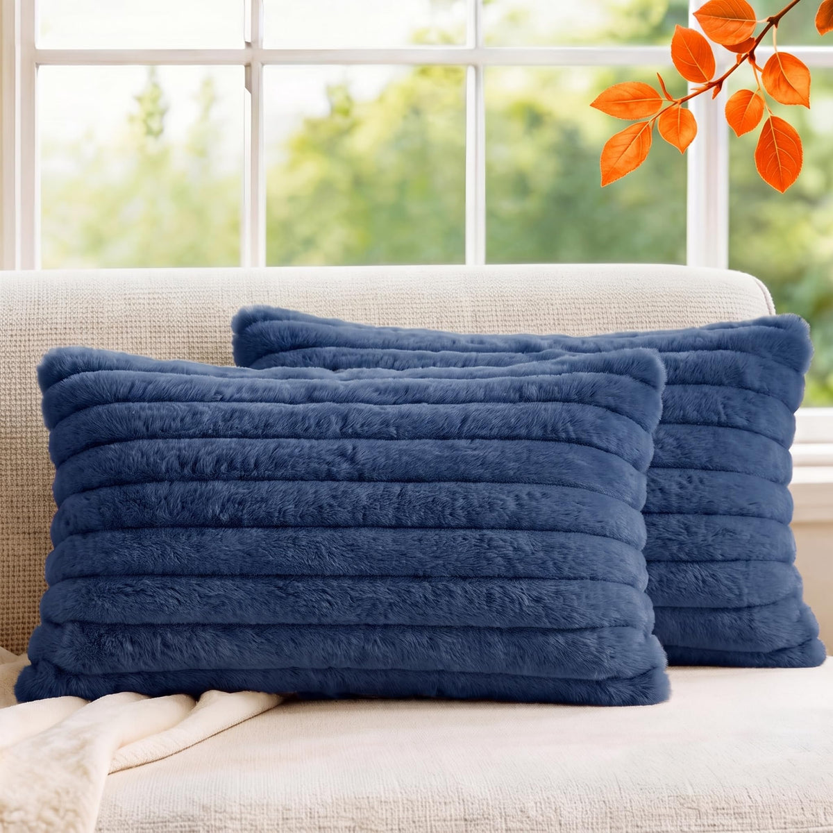 Pack of 2 Throw Pillow Covers 18x18 Decorative Solid Plush Faux Fur with Soft Velvet Back, Square Striped Cushion Cases Modern Farmhouse Home Decor for Living Room Couch Sofa Bed Cream White
