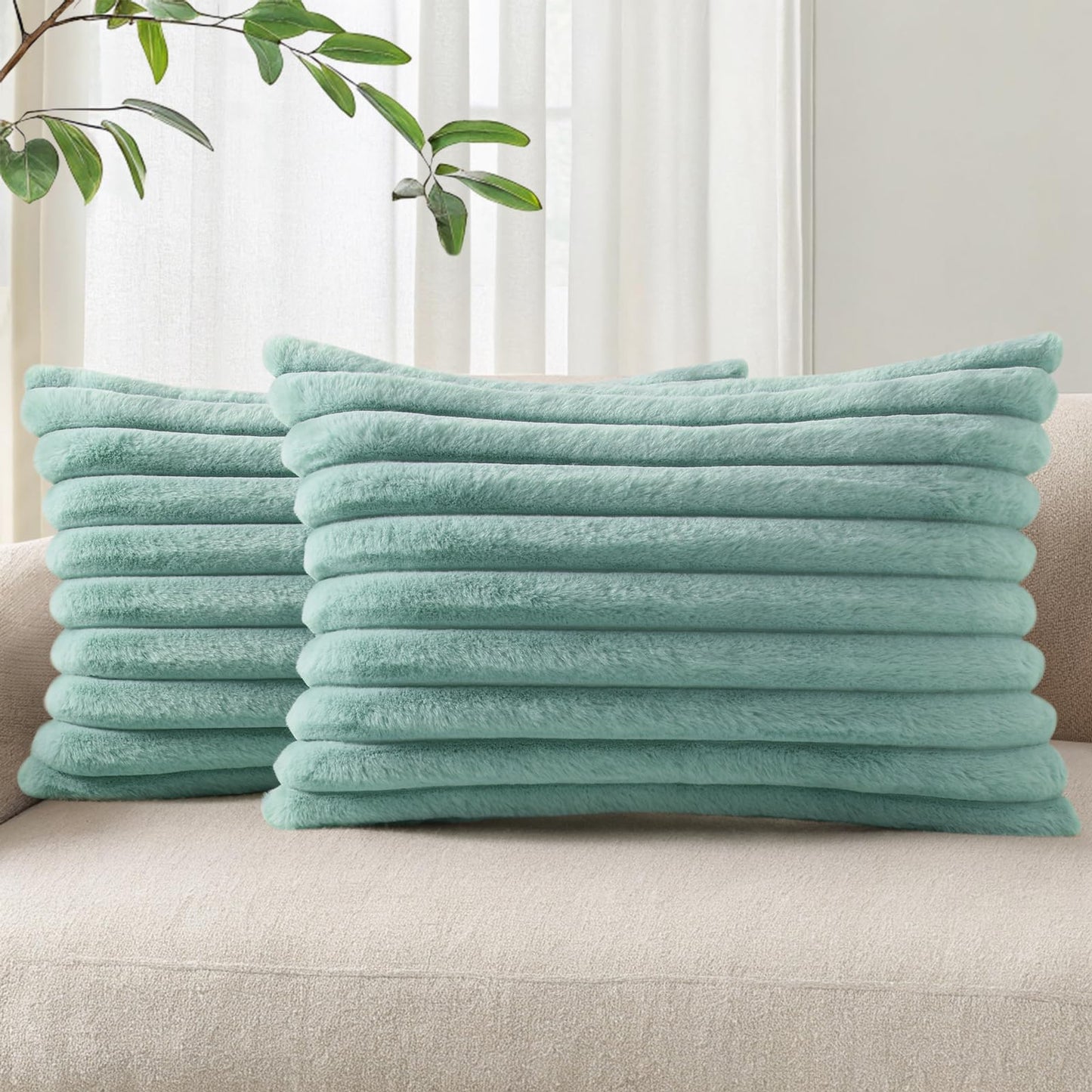 Pallene Faux Fur Decorative Throw Pillow Covers 18x18 Set of 2, Cream White | Luxury Plush Texture, Striped Design, Cozy Soft Touch, Modern Home Accent Decor for Couch, Sofa, Bed, Living Room