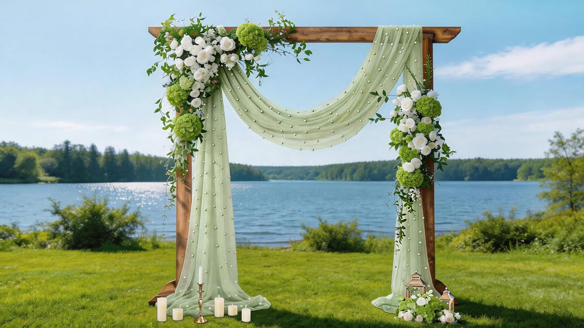 Pearl Table Runner Gauze Sheer 19FT Wedding Draping Fabric Decor | Sage Green Summer Tulle Chiffon Arch Outdoor Drapes Long Curtain for Birthday Party Baby Shower Bridal Engagement Decor