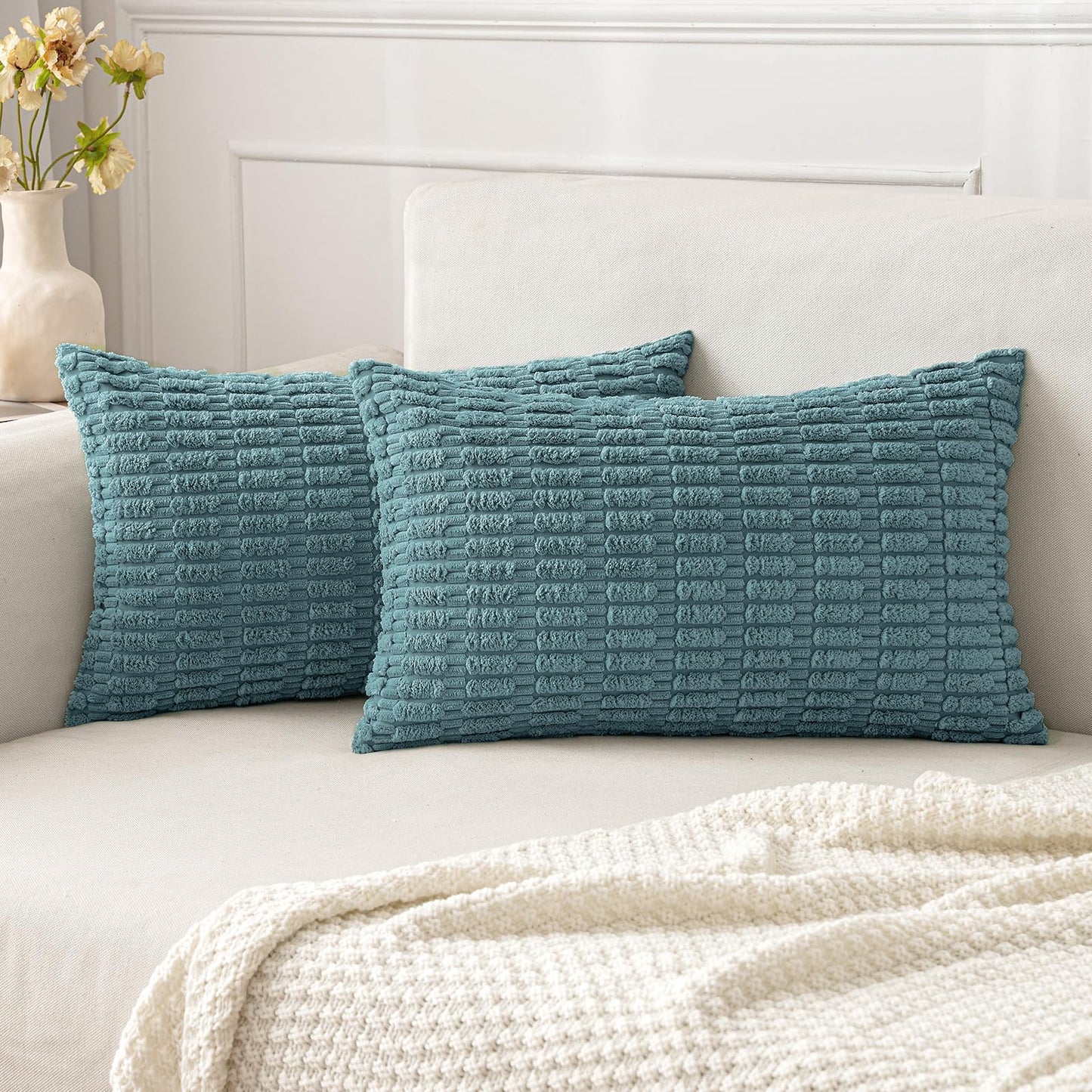 MIULEE Corduroy Decorative Throw Pillow Covers 18x18 Cream White Pack of 2 | Soft Boho Striped Pillow Covers Modern Farmhouse Home Decor For Sofa Living Room Couch Bed