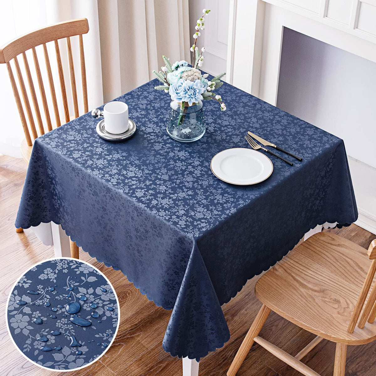 Smiry Rectangle Waterproof Heavy Duty Vinyl Tablecloths, 60 x 84 Inch | Wipeable Washable Floral Embossed Table Cover for Kitchen and Dining Room, Indoor & Outdoor Use, Beige