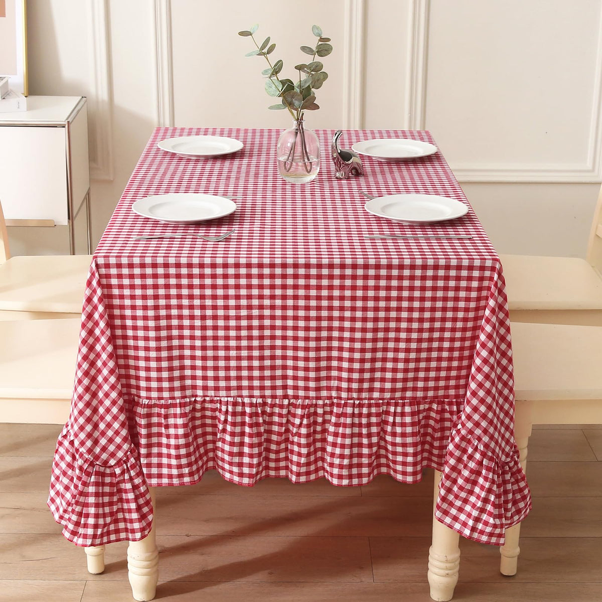 Blush White Gingham Ruffled Table Cloth Rectangular 120“x60” | 100% Washed Cotton, for Seat 8-10, Buffet Picnic Baby Shower Party Tablecloth, Decorative Checker Plaid Farmhouse Table Cover