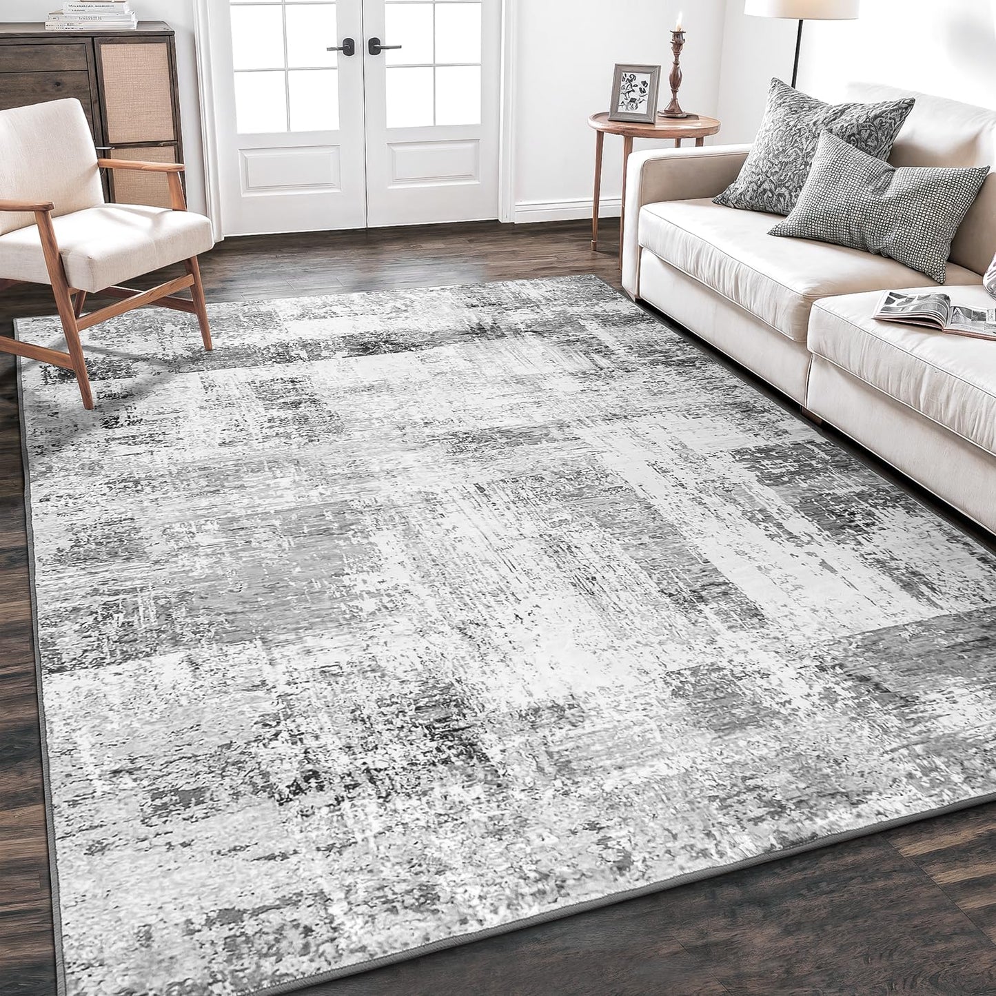 Rugflix 8x10 Area Rugs for Living Room, Washable Large Rug Stain-Resistant Low Pile, Modern Dark Carpet for Dining Room Home Office Kid Room Nursery Bedroom, Navy Blue/Black
