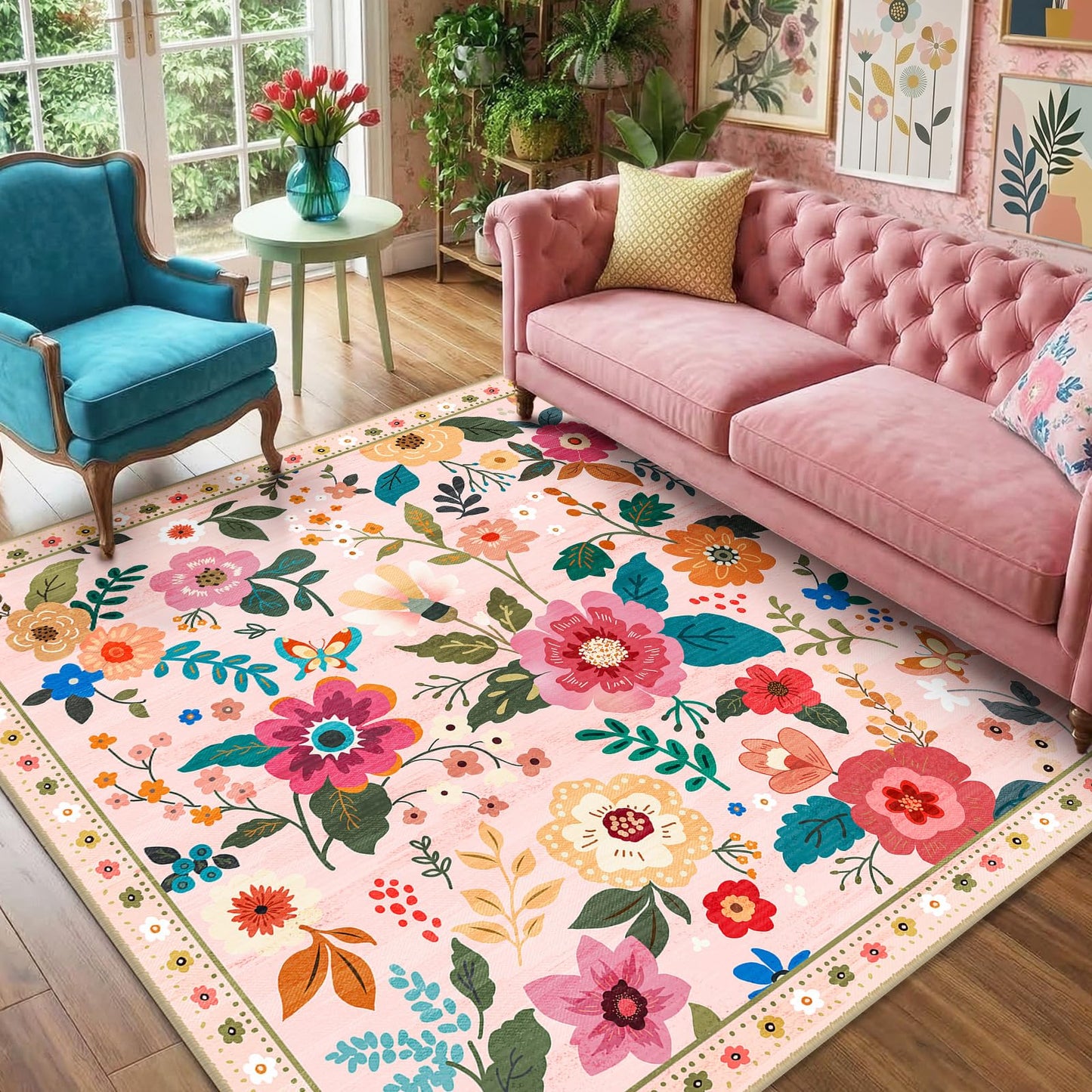 RELEANY Floral Washable 5x7 Area Rugs Beige/White/Orange | Flower Carpet, Print, Boho, Non-Slip, Easy to Clean, Soft, Low Pile for Living Room Bedroom Kitchen Office Entryway Hallway