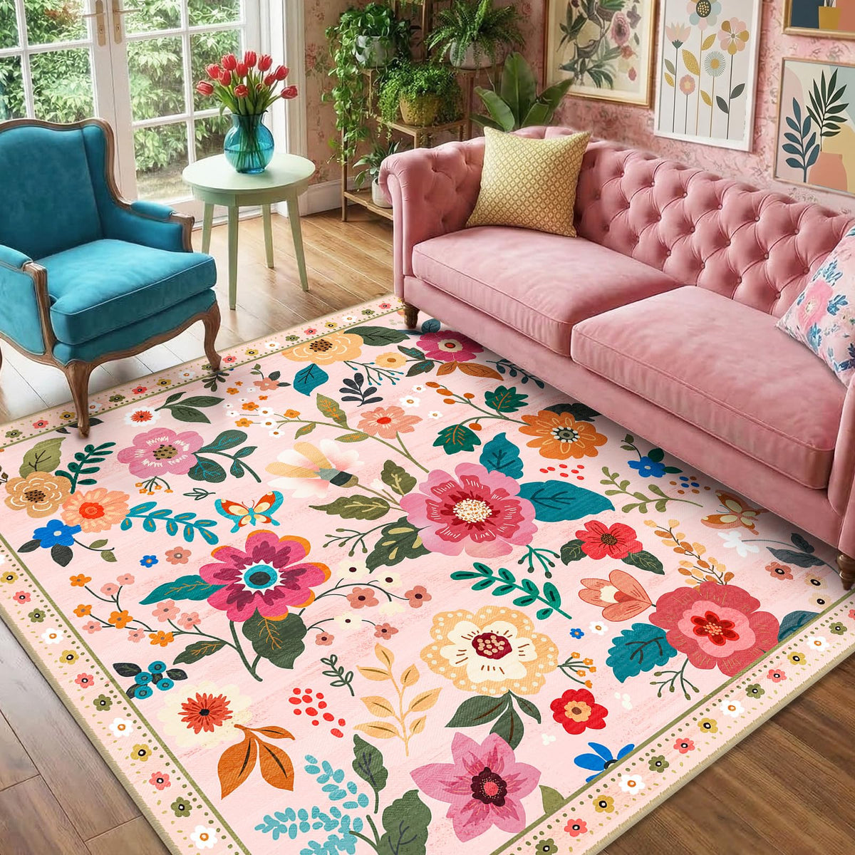 RELEANY Floral Washable 5x7 Area Rugs Black | Flower Carpet, Print, Boho, Non-Slip, Easy to Clean, Soft, Low Pile for Living Room Bedroom Kitchen Office Entryway Hallway