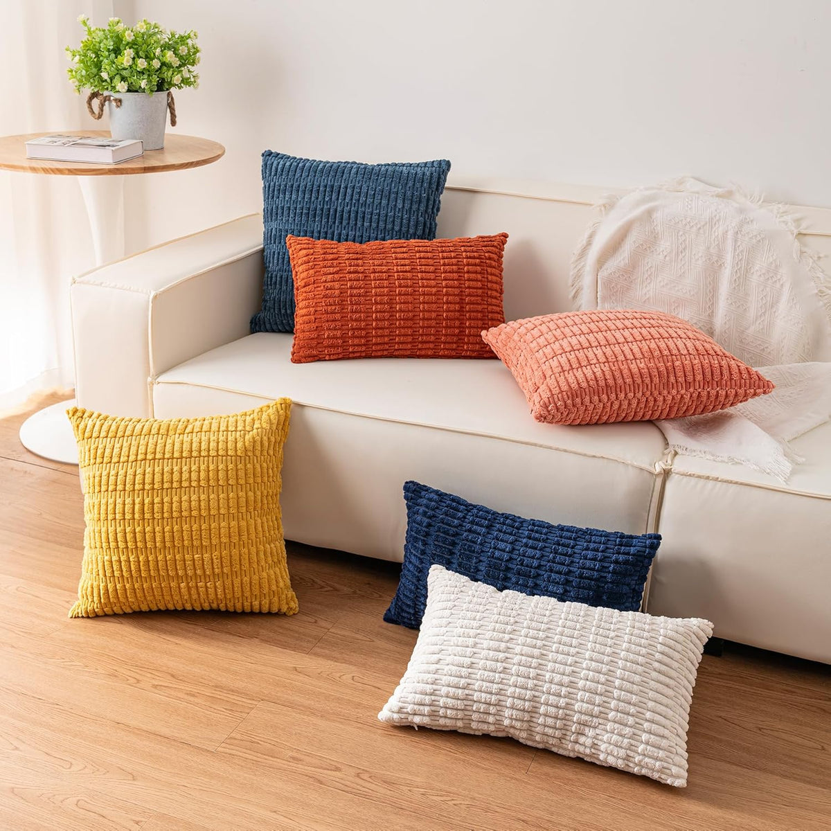 Pack of 2 Corduroy Decorative Throw Pillow Covers 18x18 Inch, Cream White | Fall Soft Striped Pillow Covers Modern Farmhouse Home Decor Christmas Throw Pillow Covers for Sofa Living Room Couch Bed ﻿