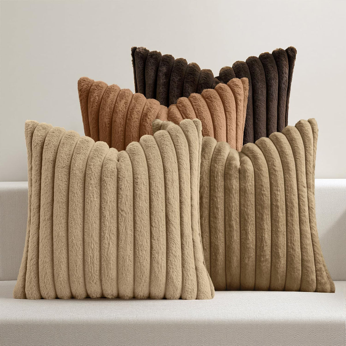 MIULEE Faux Fur Plush Decorative Throw Pillow Covers 18x18, Navy Blue | Set of 4, Striped, Soft Coastal Modern Cozy Home Decor, Cushion Cases for Sofa Couch Bed Living Room