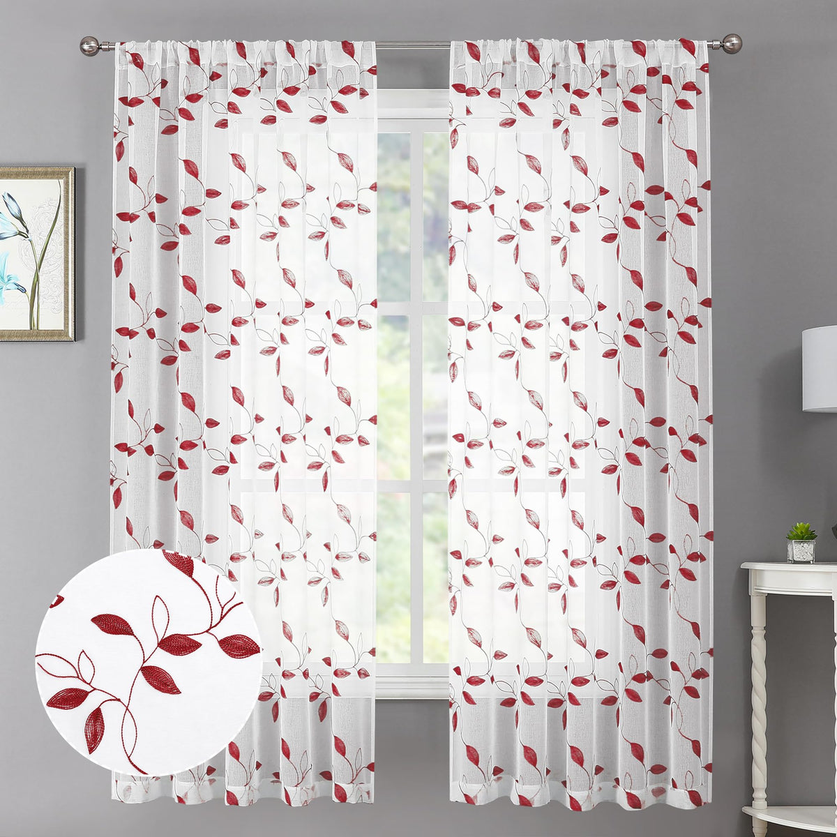 Tollpiz White Leaf Sheer Curtains Bedroom 54 x 84 Inches | Leaves Embroidered Curtain Rod Pocket Voile Window Treatment for Living Room, Set of 2 Panels