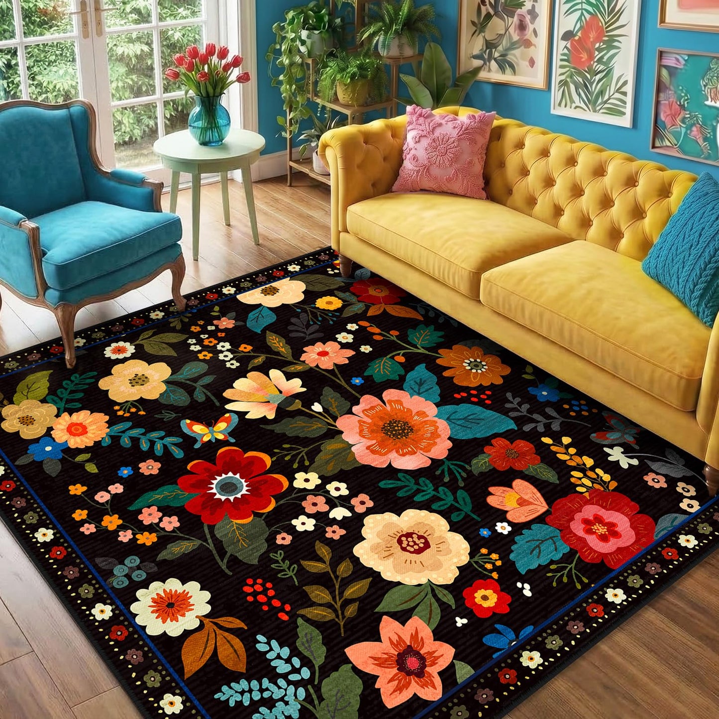 RELEANY Floral Washable 5x7 Area Rugs Beige/White/Orange | Flower Carpet, Print, Boho, Non-Slip, Easy to Clean, Soft, Low Pile for Living Room Bedroom Kitchen Office Entryway Hallway