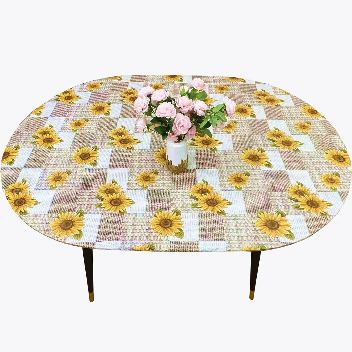 Pioggia Round Vinyl Fitted Tablecloth with Flannel Backing Elastic Table Cloth Waterproof Oil-Proof Plastic Table Cover Best for 45"-56" Round
