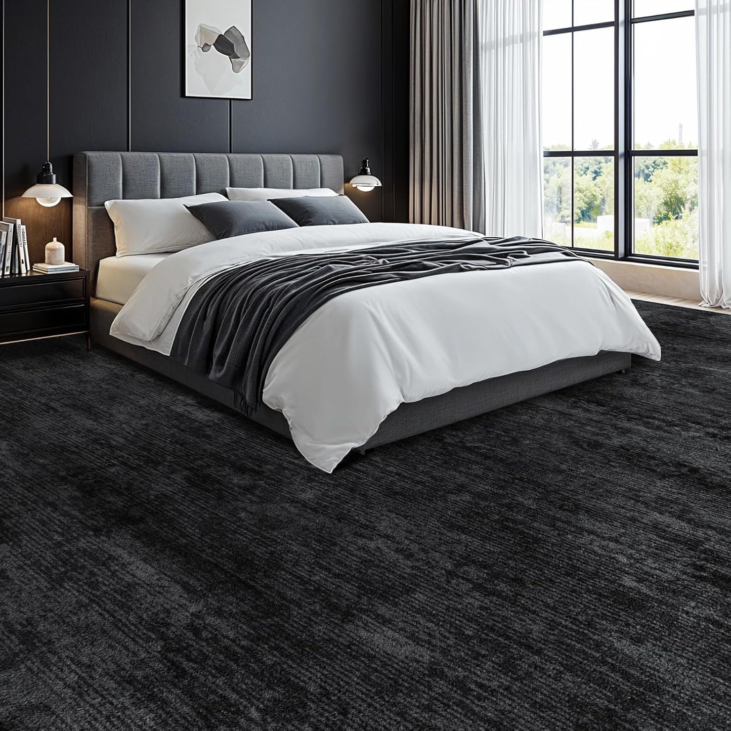 8x10 Washable Area Rug, Black Solid Area Rugs for Living Room & Bedroom | Stain-resistant & Non-slip backing,Low Pile Washable Large Carpet, Solid Vintage Style For High Traffic Areas(8x10,Black)
