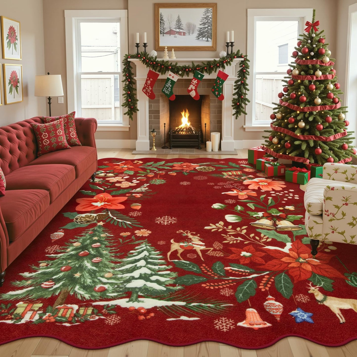 Lahome Floral Washable Living Room Rug, 5x7 Area Rugs for Bedroom Soft | Dining Room Rug Ultra-Thin Non Slip Stain Resistant Boho Low-Pile Throw Carpet for Office Flore (5x7ft, Beige)
