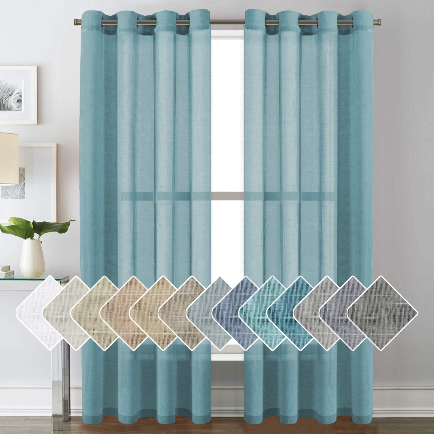 H.VERSAILTEX Natural Linen Sheer Curtains Flax Linen Blended Curtain Panels Living Room, Nickel Grommet Semitransparent Semi-Sheer Soft Privacy Drapes, Natural, 84 inches Long 2 Panels