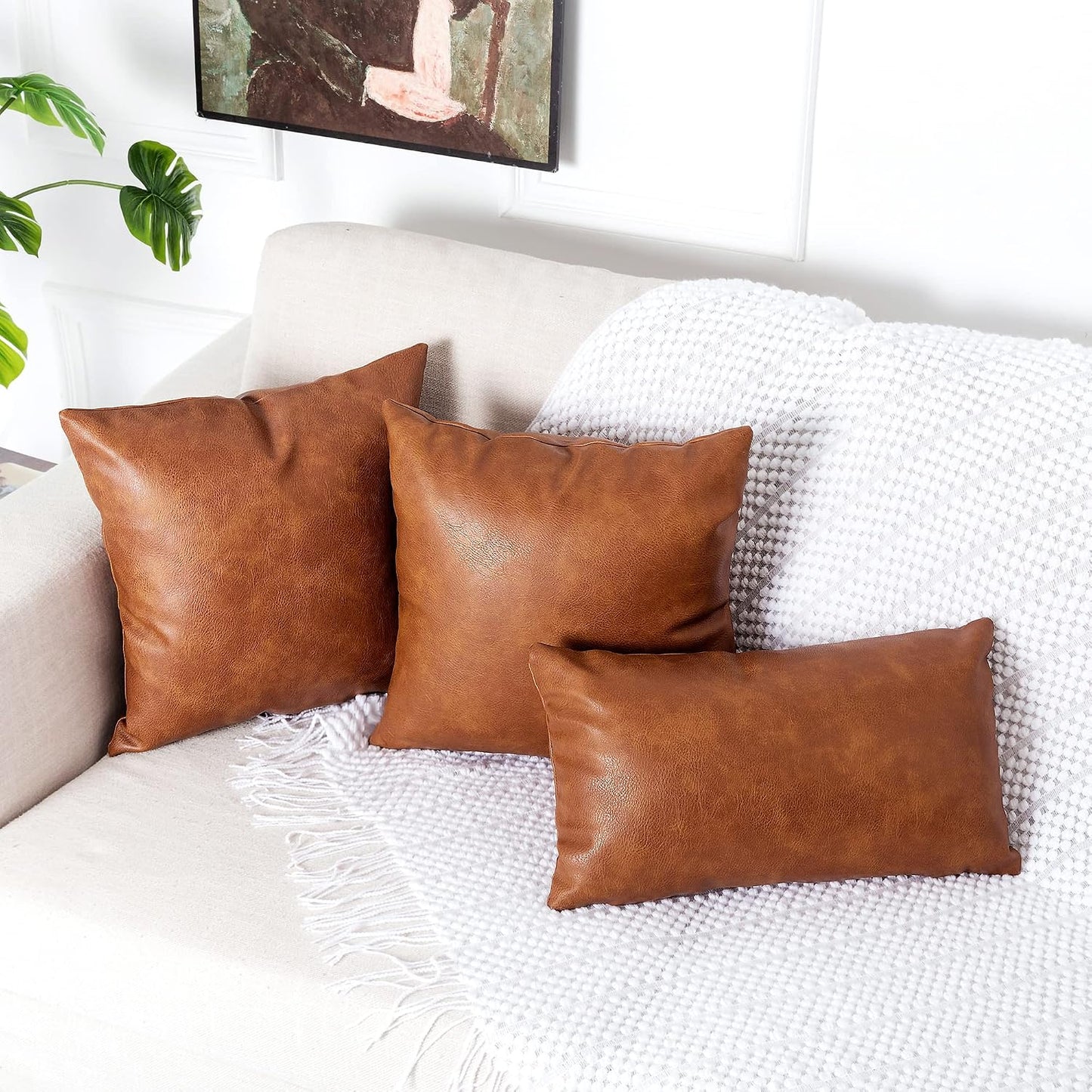 PANOD Pack of 2 Premium Faux Leather Throw Pillow Covers, Modern Luxury Decorative Lumbar Throw Pillow Case Cushion Cases for Farmhouse Sofa Couch Bed Car Outdoor,12x20 inch Brown