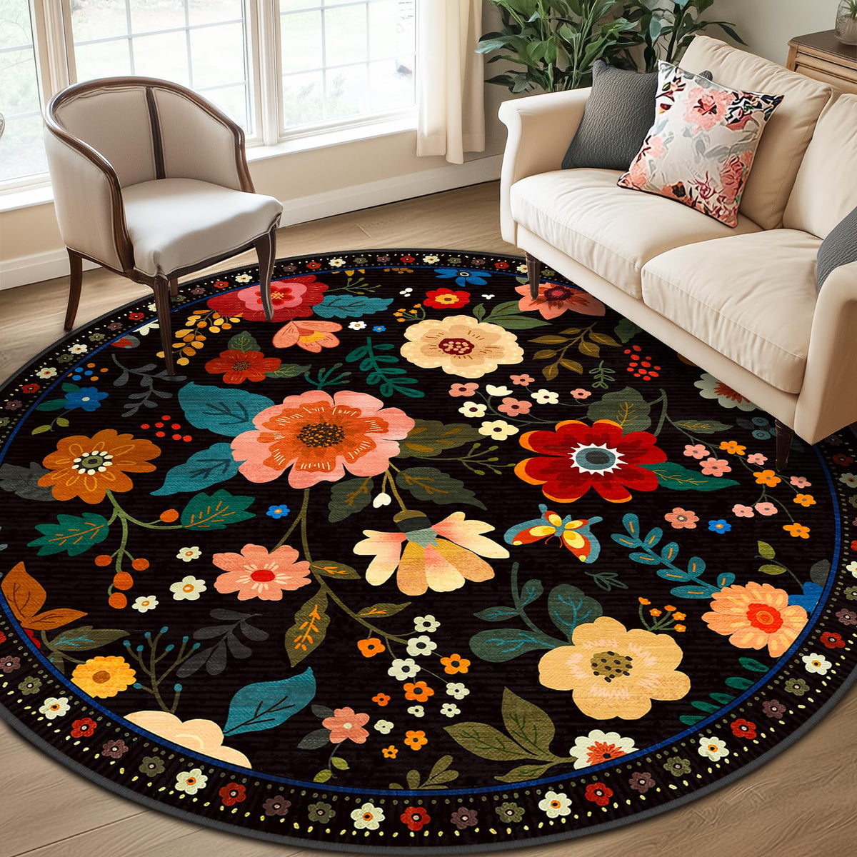 RELEANY Floral Washable 5x7 Area Rugs Beige/White/Orange | Flower Carpet, Print, Boho, Non-Slip, Easy to Clean, Soft, Low Pile for Living Room Bedroom Kitchen Office Entryway Hallway