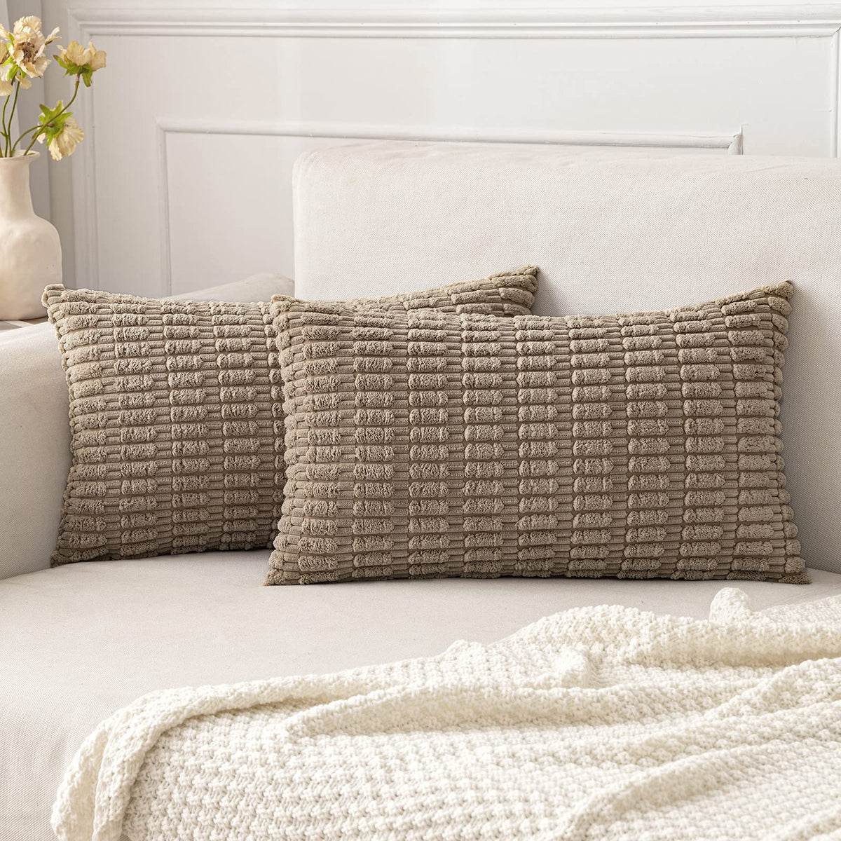 MIULEE Corduroy Decorative Throw Pillow Covers 18x18 Cream White Pack of 2 | Soft Boho Striped Pillow Covers Modern Farmhouse Home Decor For Sofa Living Room Couch Bed