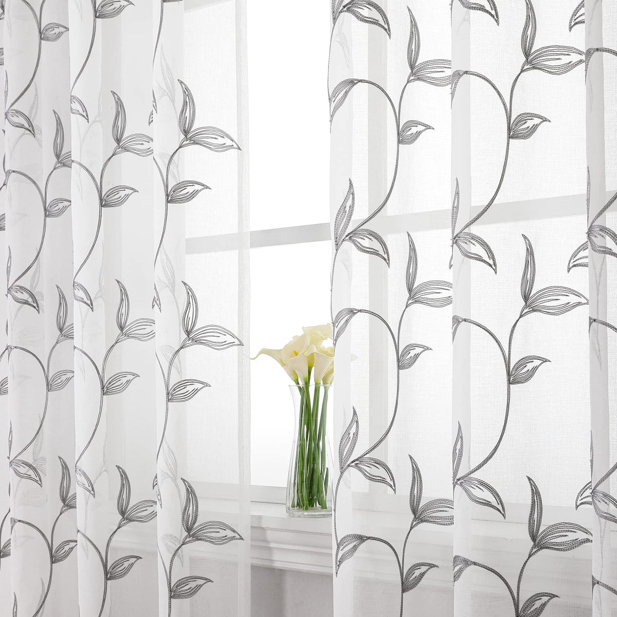 Sheer Curtains Boho Leaf Floral Embroidered Cream Beige 54Wx84L | Light Filtering Semi Sheer Voile Curtains With Design, Rod Pocket Window Drapes for Bedroom Living Room 2 Panels