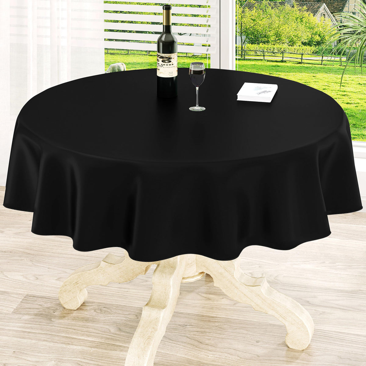 Round Navy Blue Vinyl Waterproof Tablecloth with Flannel Backed | Spillproof Wipe Clean Table Cloth, Plastic Flannel Backing for Dining, Buffet Parties Picnic Camping, 60"